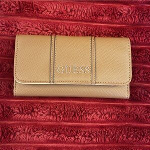 GUESS Tan Trifold Wallet with Silver Logo